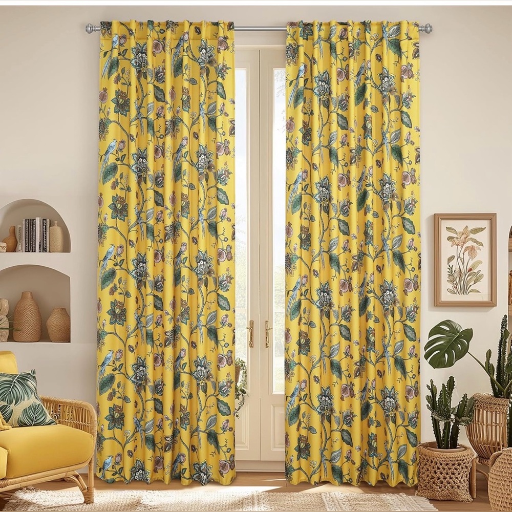 Botanical Print Yellow Window Curtains - Floral Drapes